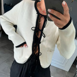 Talenza Bow Knitted Cardigan Women's Autumn Casual Lace Cardigan Slim Top Commuting Long Sleeve Pocket Patchwork Knitted Jacket