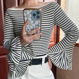 PICSGIRL  -  Women Classic Chic Striped Flare Sleeve Knit Top Frenchy Style Off Shoulder Oufit Fall Winter Knitwear