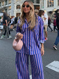 PICSGIRL  -  Women's Oversized Striped Shirt Pants Suit Lapel Long Sleeves Top High Elastic Waist Pockets Straight Leg Pant Female Set