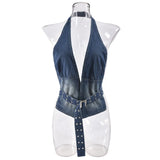 PICSGIRL  -  Women Sexy Denim Tank Tops with Adjustable Grommet Belt Fashion V-neck Halter Backless Jeans Vest Casual Streetwear Tops