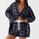 PICSGIRL  -  Casual Lounge Set Plaid Patterm Button Down Long Sleeve Blouse T-shirt Tops + Wide Leg Shorts Comfy 2 Piece Set Women Outfits