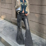 PICSGIRL  -  Fashion Streetwear Side Pockets Cargo Denim Pants Swxy Low Waist Punk Harajuku Women Trousers Y2k Aesthetic Flare Long Bottoms