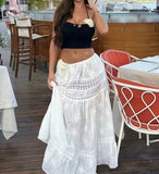 PICSGIRL  -  White Lace Midi Skirt High Waist Casual Long Skirts Womens Spring Summer Bottoms Elegant Boho Beach Style Cover Ups 2024