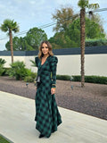 PICSGIRL  -  Women Green Plaid Pleated Irregular Maxi Dress Vintage V Neck Long Sleeve High Waist Dresses 2025 Spring Female Commuting Robes