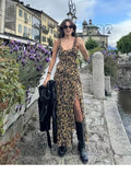 PICSGIRL  -  Vintage Leopard Print Ladies Summer Streetwear Slim Slit Dress Chic Lady Fashion Ruffles High Waist Sexy Sling Long Dresses