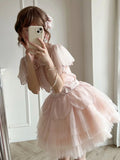 PICSGIRL  -  Pink Lolita Kawaii 2 Piece Set Women Japanese Cute Party Tops Suit Female 2024 Bubble Sleeve Elegant Blouse + Fairy Cake Skirt