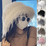 PICSGIRL  -  Luxury Plush Faux Fur Bucket Hats For Women Fashion Winter Ostrich Feather Female Thicken Warm Fisherman Caps Party Panama Bob