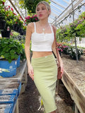 PICSGIRL  -  Solid Long Y2k Skirt Low Waist Women Clothing Bow Decor Edible Tree Fungus Summer Dress Light Green Side Split Faldas Largas