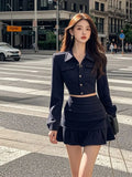 PICSGIRL  -  2024 Autumn new French elegant lapel single-breasted short top with pleated half-skirt suit fashion ladies two-piece suit