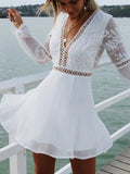 PICSGIRL  -  Long Sleeve Beach Dress Sexy White Backless Lace Dress Summer V-neck Elegant Women Hollow Out Short Dress Lace Up