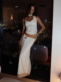 PICSGIRL  -  Elegant Sequined Patchwork 3 Piece Set Women Basic Scarf+Square Collar Tank Tops+Ruched Long Skirt Matching Trend Suits