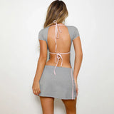 PICSGIRL  -  Solid Skirt Set Sexy Bandage Backless Short Sleeved Spliced Top High Waisted Slim Fit Wrapped Hip Skirt Casual Suit