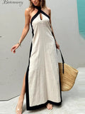 PICSGIRL  -  Casual Halter Patchwork Panelled Women Beach Dress Backless Sleeveless Hollow Out Side Split Female Dresses 2024 Chic Lady Robe