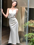 PICSGIRL  -  New Summer Stain Midi Dress Women Evening Party Dress Elegant Sleeveless Slim Mermaid Prom Robe Fashion Solid One Pieces Vestido