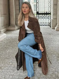 PICSGIRL  -  Female Retro Jacket Elegant Brown Belted Waist Long Coat Double Breasted High Street Autumn Fashion Full Sleeve Outwear