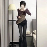 PICSGIRL  -  Women Sets Solid Simple Slim Sexy Hollow Out Long Sleeve Tops Knitting Asymmetrical Autumn Fashion Design Vintage Hot Girls