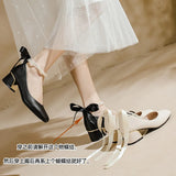 PICSGIRL  -  Big Size 35-42 43 Women Leather Med Heel Pumpes Lady Mary Jane Shoes Square Toe Sweet Lolita Shoes Pearls Chain Silk Ribbon Bow