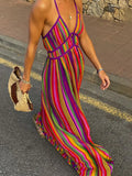 PICSGIRL  -  Fashion Striped Colorful Patchwork Halter Maxi Dress Chic Sleeveless Backless Long Dresses 2024 Summer Holiday Beach Party Robes