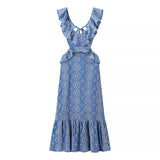 PICSGIRL  -  Blue Hollow Out Embroidered Midi Dress Women Summer New V Neck Sleeveless Ruffle Long Dresses Elegant Fashion Holiday Vestidos