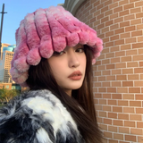 PICSGIRL  -  Autumn/Winter New Mixed Color Plush Lampholder Fisherman Hat Women's Korean Designer Wide Plush Bucket Hat