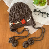 PICSGIRL  -  Knitted Beanies Hat for Women Bohemian Tassel Flower Crocheted Woolen Pullover Cap Autumn Winter Warm Thicken Ear Protection Cap