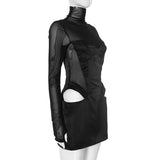 PICSGIRL  -  Sexy Women Mesh Turtleneck Mini Dress Fashion Patchwork Long Sleeve Satin Cut Out Dress Bodycon Short Club Party Dresses