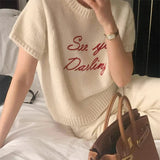 PICSGIRL  -  Sueter Mujer Round Neck Contrast Loose Casual Short Sleeved Letter Knitted Sweater Y2k Top Grunge Pullover Jumper