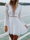 PICSGIRL  -  Long Sleeve Beach Dress Sexy White Backless Lace Dress Summer V-neck Elegant Women Hollow Out Short Dress Lace Up