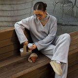 PICSGIRL  -  cold weather outfuts Casual V-neck Knit Pants Sets 2 Piece Women Chic Elegant Loose Long Sleeve Tops High Waist Trousers 2024 Ladies New Matching Set