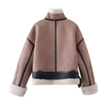 PICSGIRL  -  Women Warm Faux Shearling Jacket Coat Lapel Bomber Jacket with Belt Metal Zip Thick Jacket Winter Female Outerwear