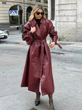 PICSGIRL  -  Fashion Retro Wine Red Long Women's Coat Turndown Collar Double Breasted Coats with Belt Vintage Windproof Winter Overcoat