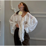 PICSGIRL  -  Fashion Women's Ruffle Shirts Loose V-neck Long Lantern Sleeve Female Blouses 2025 Spring Summer Lady Sexy See Through Shirt New