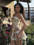 PICSGIRL  -  Sweet 2Piece Set Women Flower Print Single-Breasted Metal Buckle Wrap Mini Top+Patchwork Lace Folds Skirt Matching Suits