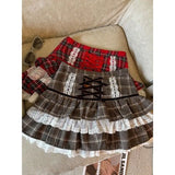 PICSGIRL  -  Kawaii Ruffle Lace Plaid Skirts Women Sweet Elegant Mini Skirt Cutecore Autumn Winter Patchwork A-line Short Skirts