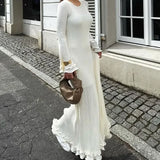 PICSGIRL  -  White Knitted Ruffle Long Dress Women's Elegant O-Neck Long Sleeve Evening Gown Slim Backless Bandage Long Dress Robe