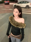 PICSGIRL  -  Trendy Leopard Print Fur Stitching Long-sleeved European American Slim Fit Versatile T-shirt Autumn and Winter Harajuku Y2k Tops