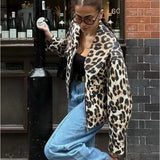 PICSGIRL  -  Vintage Leopard Print Bomber Jacket Women Elegant Lapel Long Sleeves Zipper Pockets Lady Coat 2024 Autumn High Street Streetwear