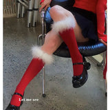 PICSGIRL  -  Winter Christmas New Year Red Socks Feather Lace Warm Long Socks for Women Japanese JK Girl Sweet Lolita Slim Sexy Stockings