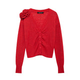 PICSGIRL  -  New Red Flower Decor Knitted Cardigan Women 2025 Spring Long Sleeve V Neck Sweaters Streetwear Elegant Fashion Thin Jumper Femme