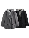 Picsgirl -  Woman Fashion Spliced Blazer Jackets Hooded Single-breasted Zipper Casual Coat Female Vintage Long Sleeve Outerwear