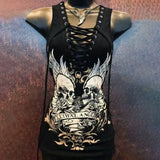 PICSGIRL  -  Dark Gothic Skull Print Tie Up Y2K Spicy Girl Slip Dress Summer New Fashion Slimming Tie Up Mid length Tank Top Women Clothing