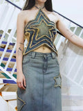 PICSGIRL  -  Distressed Star-shaped Crop Top Stitched Y2k Grunge Tie-up Backless Corset Tops Women Summer Streetwear Denim Shirts 90s