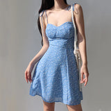 PICSGIRL  -  French Retro Lace-up Floral Suspender Dress Women Slim Fit A-line Skirt Vacation Style Short Dress