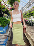 PICSGIRL  -  Solid Long Y2k Skirt Low Waist Women Clothing Bow Decor Edible Tree Fungus Summer Dress Light Green Side Split Faldas Largas