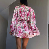 PICSGIRL  -  Spring Fashion Flower Print Short Jumpsuit Women Elegant V Neck Lace-up Romper Playsuits Autumn Long Sleeve Office Lady Overalls