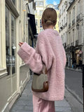 PICSGIRL -  Fashion Pink Plush Pullover Sweater For Women Casual Loose O Neck Long Sleeve Warm Top Lady Autumn Sweet Streetwear Jumpers