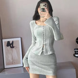 PICSGIRL -  Two-Piece Knit Suit for Women, Sexy Babes, Skinny and Sticky Top, Cardigan Covers, Hip Skirt, Female Clothing, Y2K