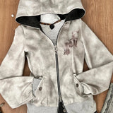 PICSGIRL  -  Y2k Aesthetic Vintage Printing Pocket Hoodies Gothic Fairy Grunge Hooded Jackets Autumn Women Double Zippers Punk Sweatshirt