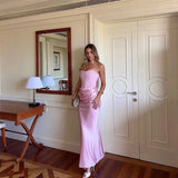 PICSGIRL  -  Winter Women Strapless Evening Dress 2025 Pink Maxi Corset Dress Elegant Long Satin Night Gala Party Dresses