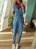 PICSGIRL  -  Women Slim Denim Jumpsuits Long Pants Rompers Springturn Down Collar Loose One Piece Full Sleeve Tight High Waist Overalls